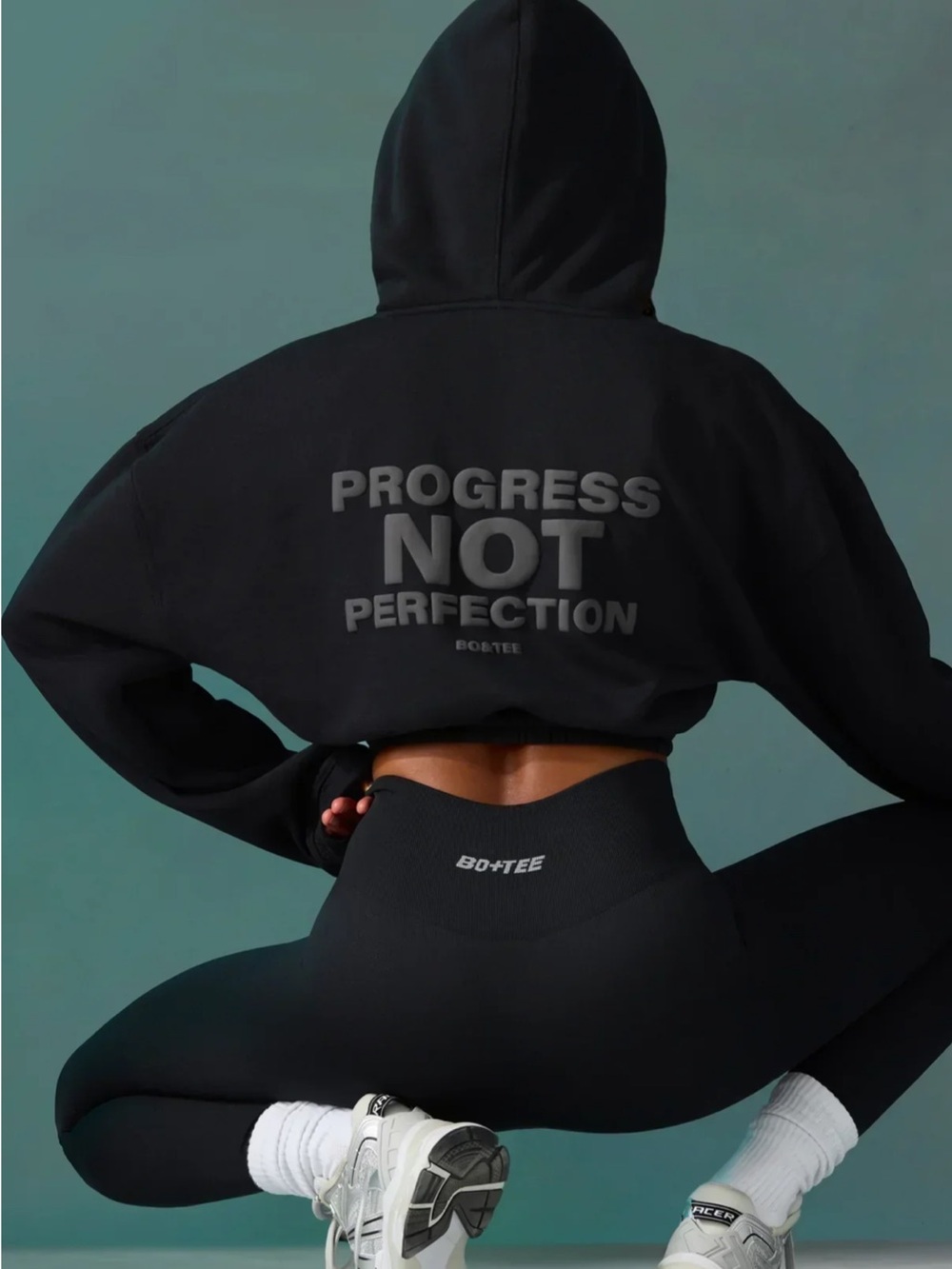 Bo & Tee  "PROGRESS NOT PERFECTION" Cropped Hooded Sweatshirt